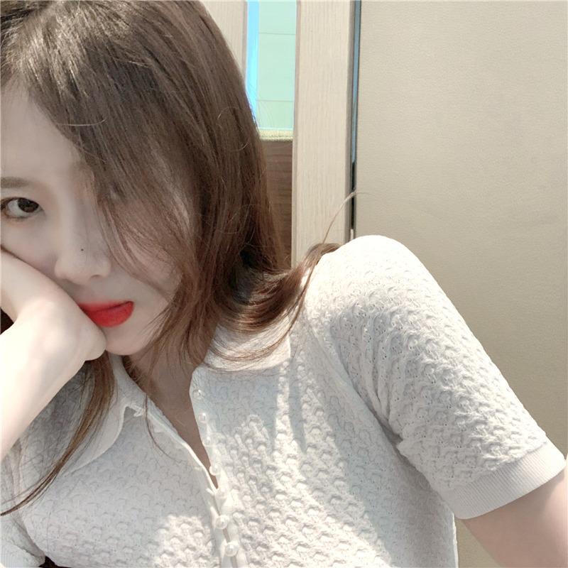 2024 Summer Sweet White Knitted Top with POLO Collar and Pearl Buttons - Trendy Women's Korean Style