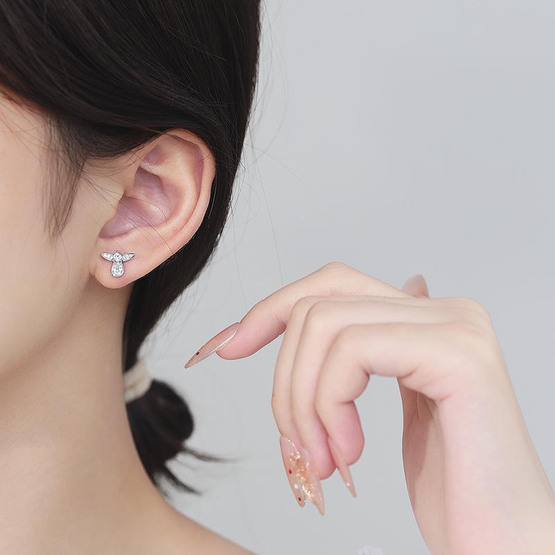 Angel Wings Zircon Stud Earrings Light Luxury Premium Earrings Women's 925 Silver Jewelry Niche Design Cross-border Ear Bone Stud