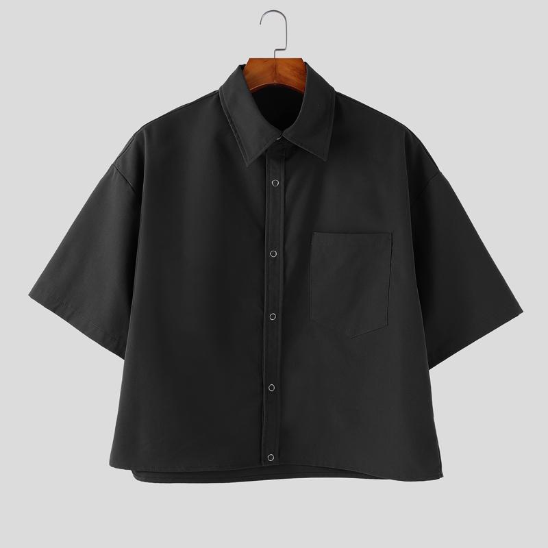 

INCERUN Oversized Lapel Neck Short Sleeve Pocket Buttons Causal Shirts Tops