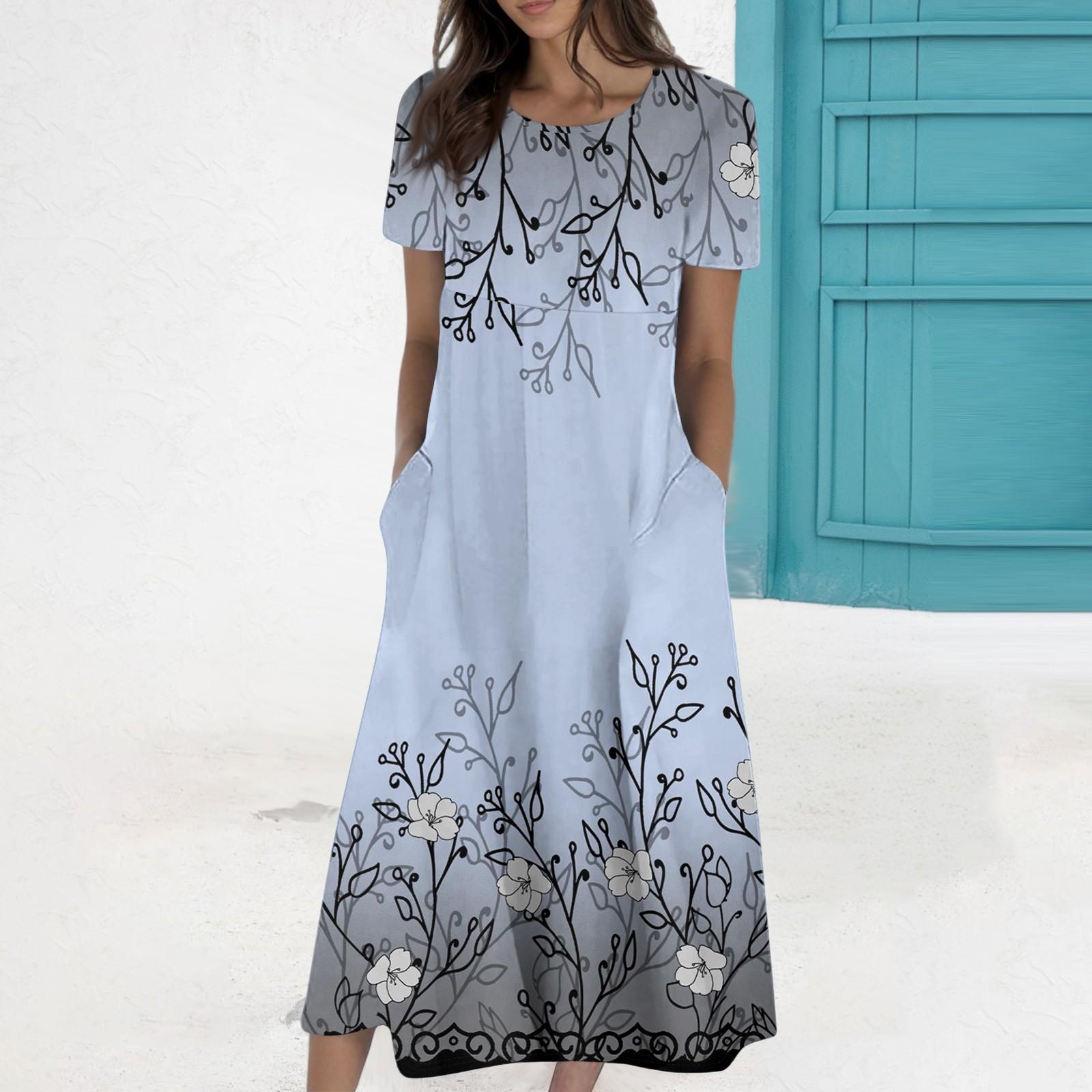 

Женское летнее повседневное модное платье с коротким рукавом и карманом с круглым вырезом XL