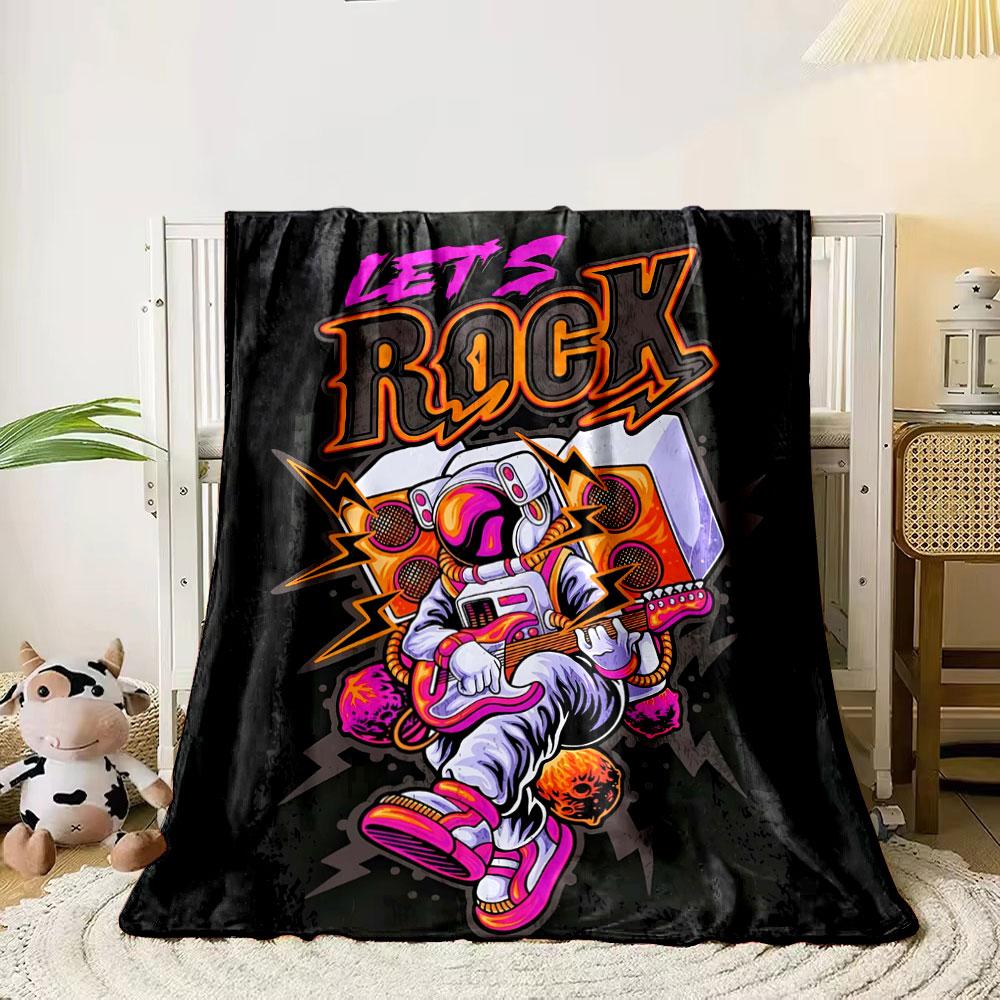 An astronaut playing a guitar with  Let’s Rock  text and vibrant details. for all seasons blanket lunch break throw gift 80cm x 120cm
