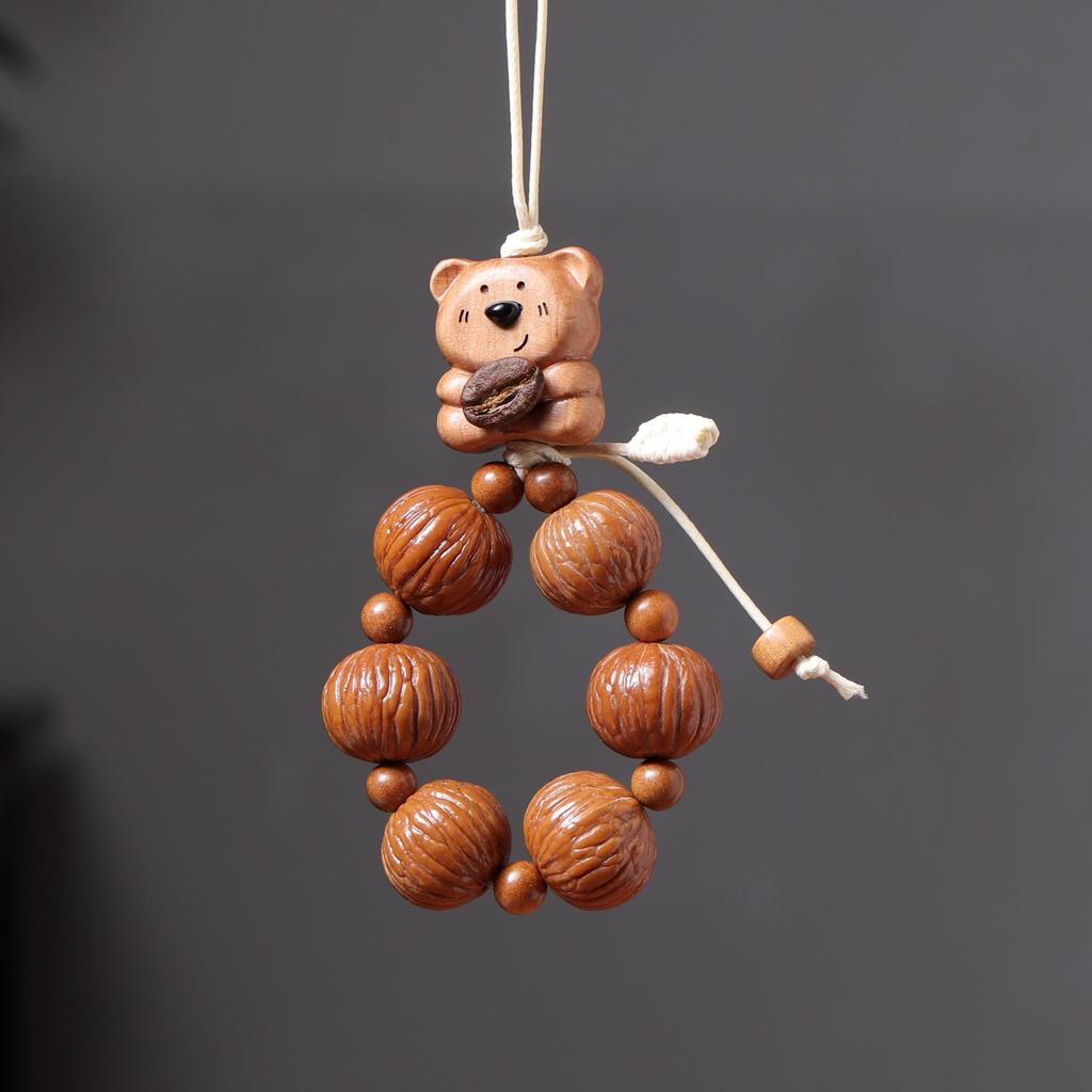 Peach Wood Coffee Bean Bear Pendant Keychain & Necklace Accessory