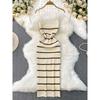 European and American Sexy Backless Sling Dress Women Summer New Elastic Striped Knitted Tight Slimming Sheath Long Dress