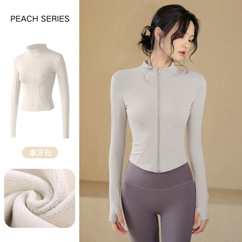 Spring warm tight stand-up neck cardigan slim yoga clothes jacket fitness clothes women's thick velvet running sports jacket