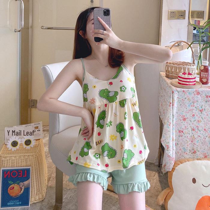 Ladies' Summer Padded Pajama Set: Bow & Suspenders Shorts, Casual Sports Style