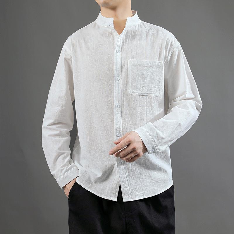 Men's Chinese Style Casual Linen Shirt - Solid Color, Loose Fit, Three-Quarter Sleeves, Summer Cotton Blend