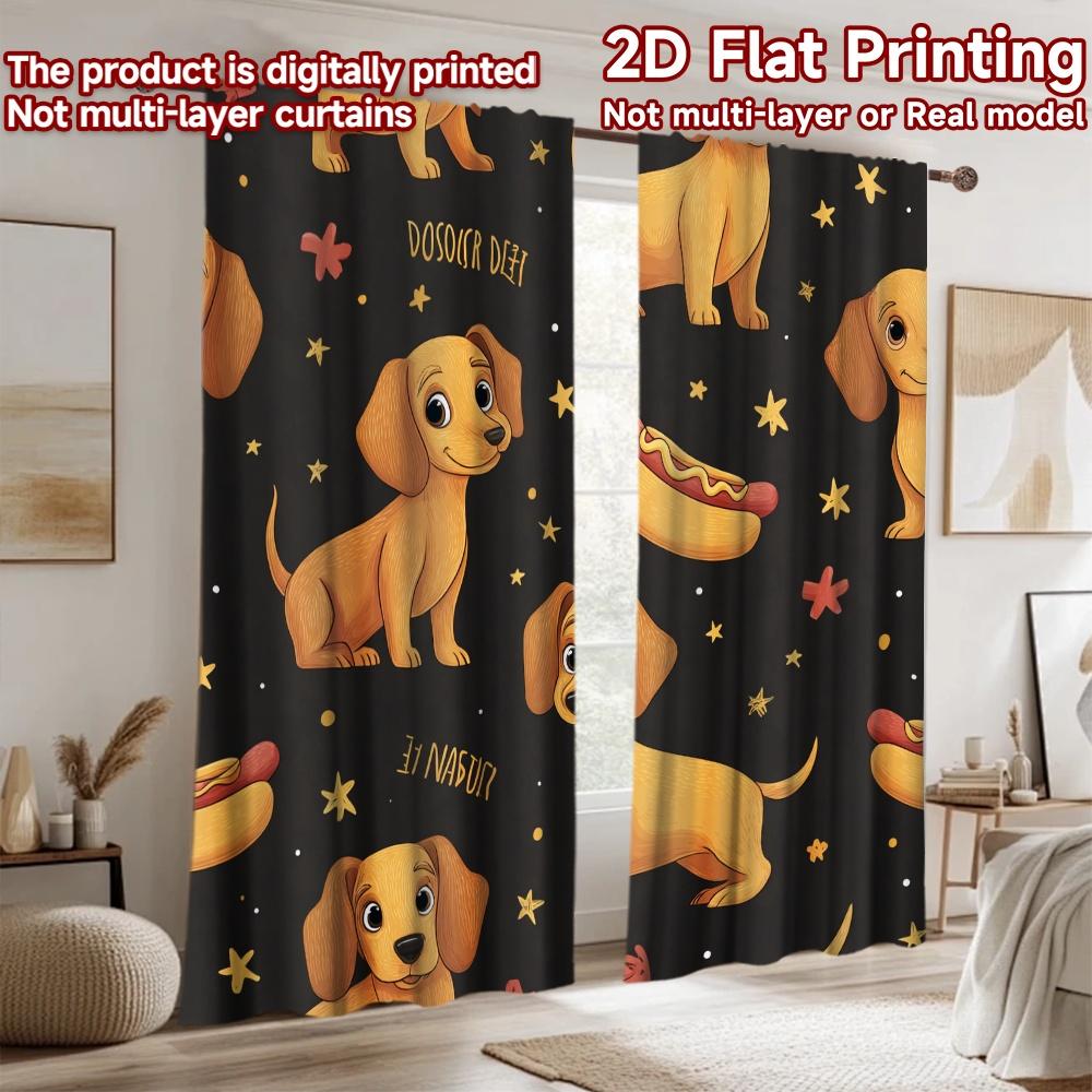 2D flat printing 2pcs Window Treatment Curtains Cute Dachshund Starry Night Digital Printed Polyester Drapes Festive Wall Decor