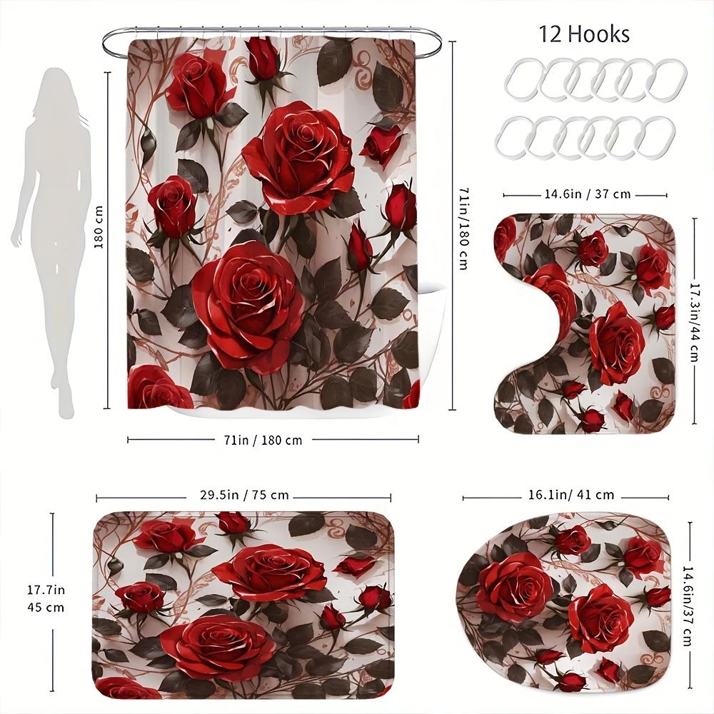 4Pcs Bathroom Shower Curtain Set  Red Rose Bathroom Curtain With 12 Hooks Non Slip Rugs Toilet Cover Mat Bathroom Partition