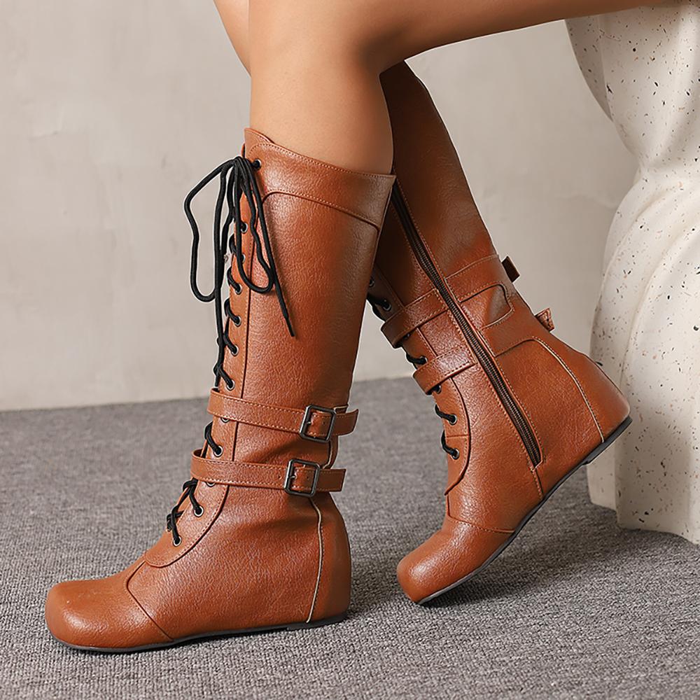 White Brown Women Mid Calf Boots Med Wedge Heel Big Size 50