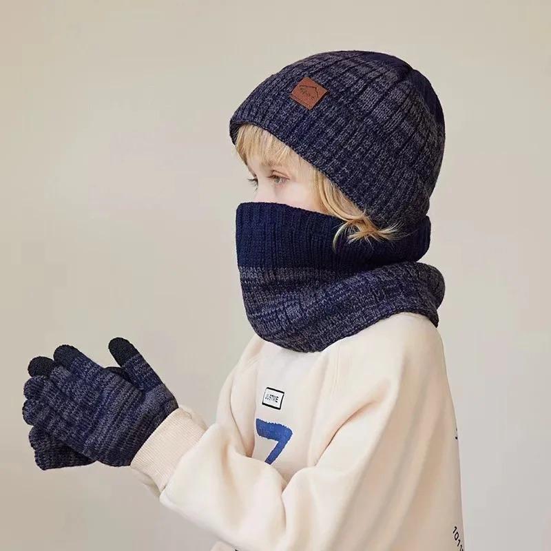 Children Winter Hat Scarf Gloves Set Knitted Kids Beanie Scarves Non Slip Telefingers Gloves Child Cap for Girls Boys