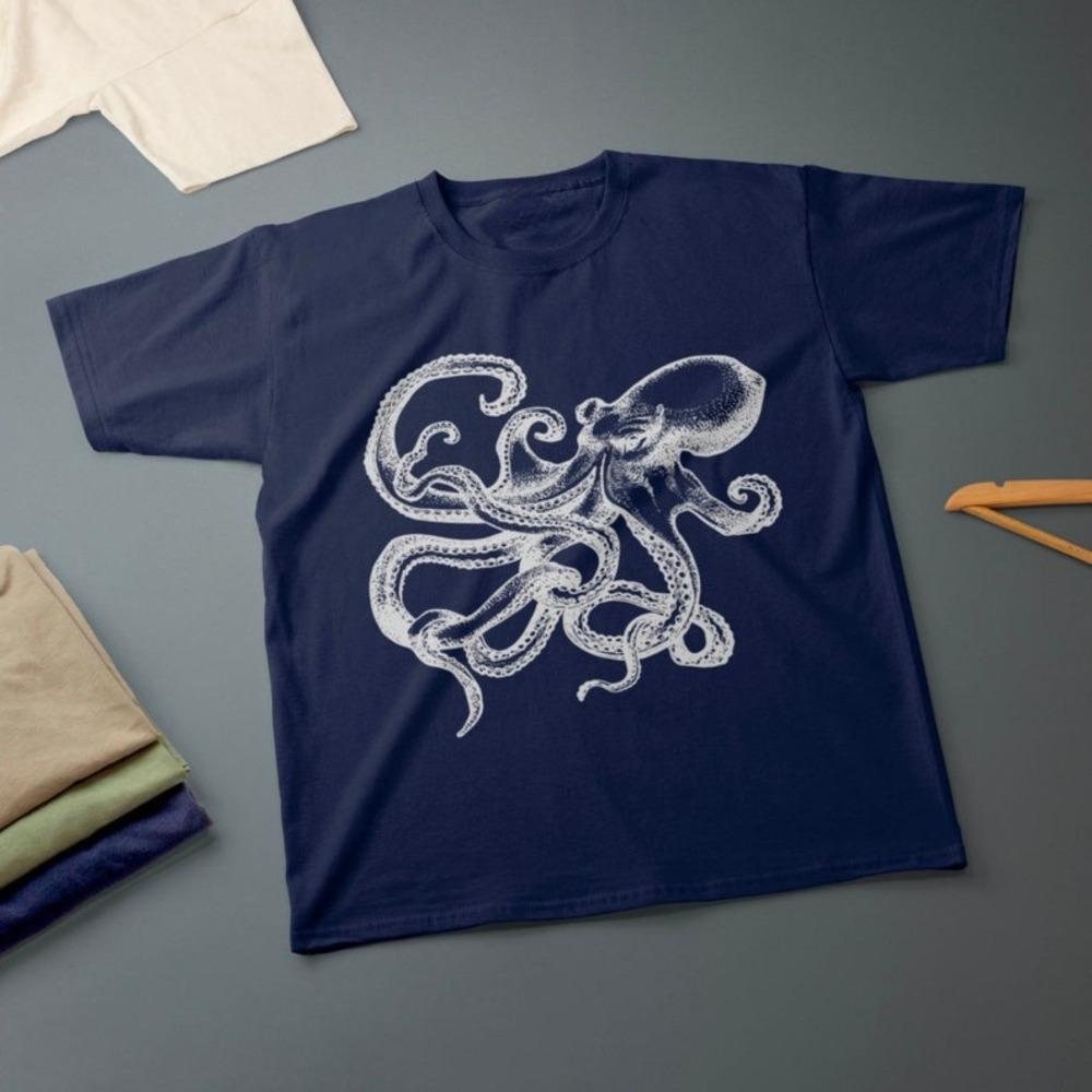 

Vintage Octopus Science Illustration Graphic T Shirt Men WomenRetro Marine Biology Nautical Steampunk Octopus Casual Cotton Top XXL