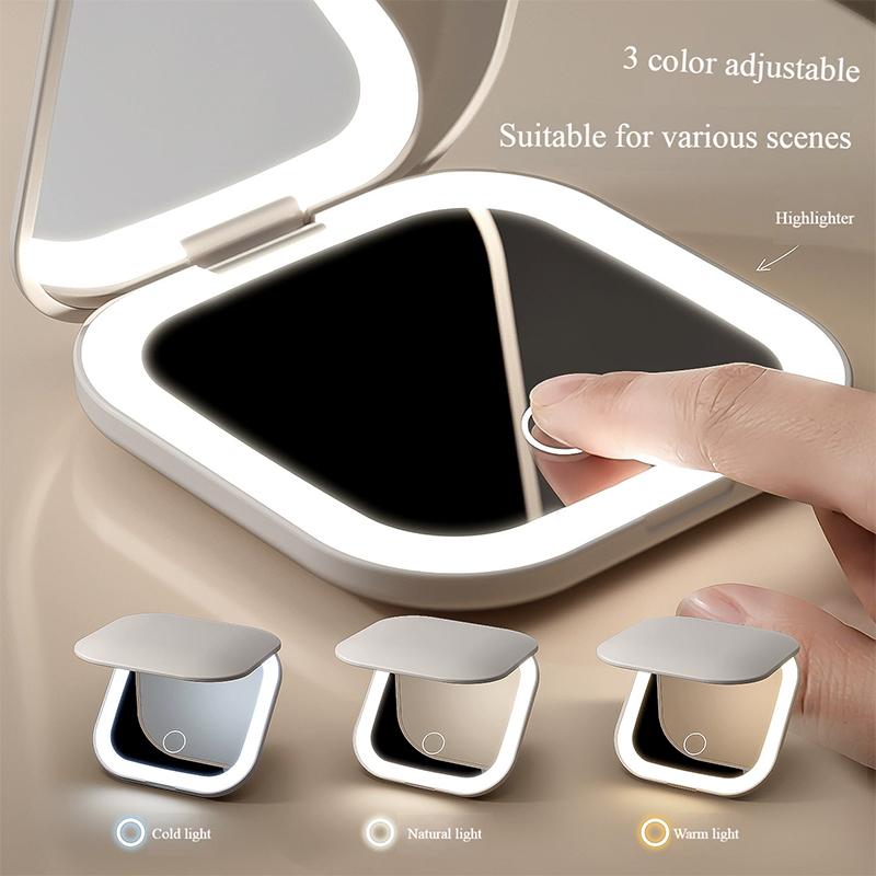 LED Makeup Mirror, Portable 3 Color Lighted Vanity Mirror, Cute Folding Travel Mirror for Purse