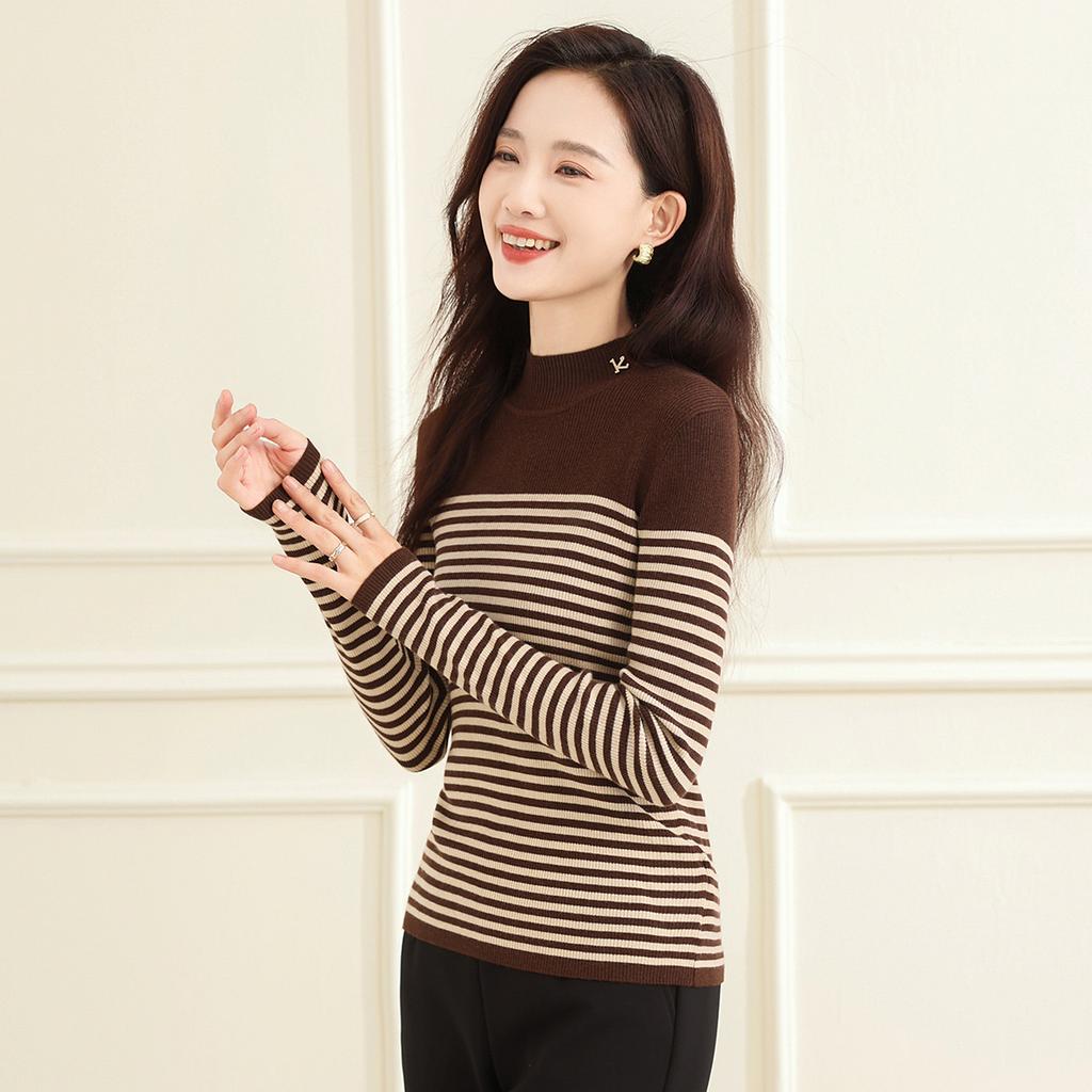 [Stand Up Collar Sweater] Autumn and Winter Fashion Color Blocked Stripes Make You Look Slimmer and Can Be Worn Externally. Knitted Sweater for Women
