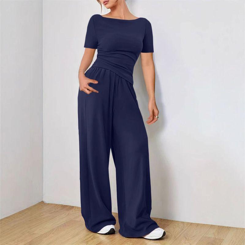 

Western Style New Fashion Casual Loose Short sleeve Top Wide Leg Pants Set Loose Top and Pants Navy blue XL