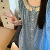 Lace pastoral blue floral pajamas women's summer short-sleeved shorts cardigan set can be worn outside loungewear