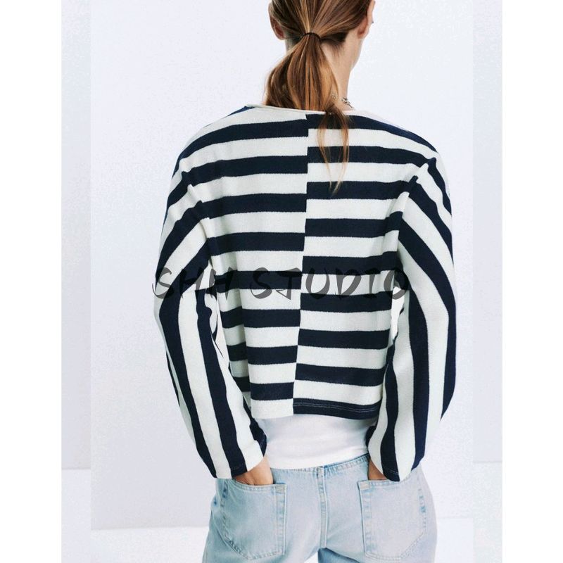 Fall New Women's Clothing French Cotton Loose round Neck Batwing Long Sleeve Stripes Fashion Tops 1165260