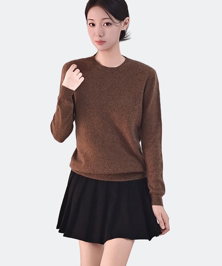 Keulleiseu 100% Wool Heather Round Neck Knit Sweater_Brown