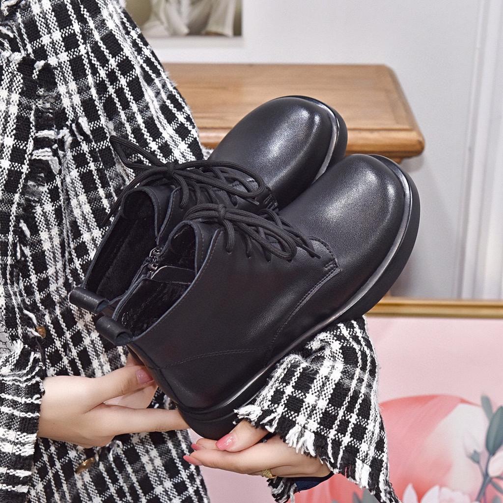 Martin boots women's 2025 autumn and winter new round head flat bottom cowhide short boots comfortable casual British style women's cotton boots lea