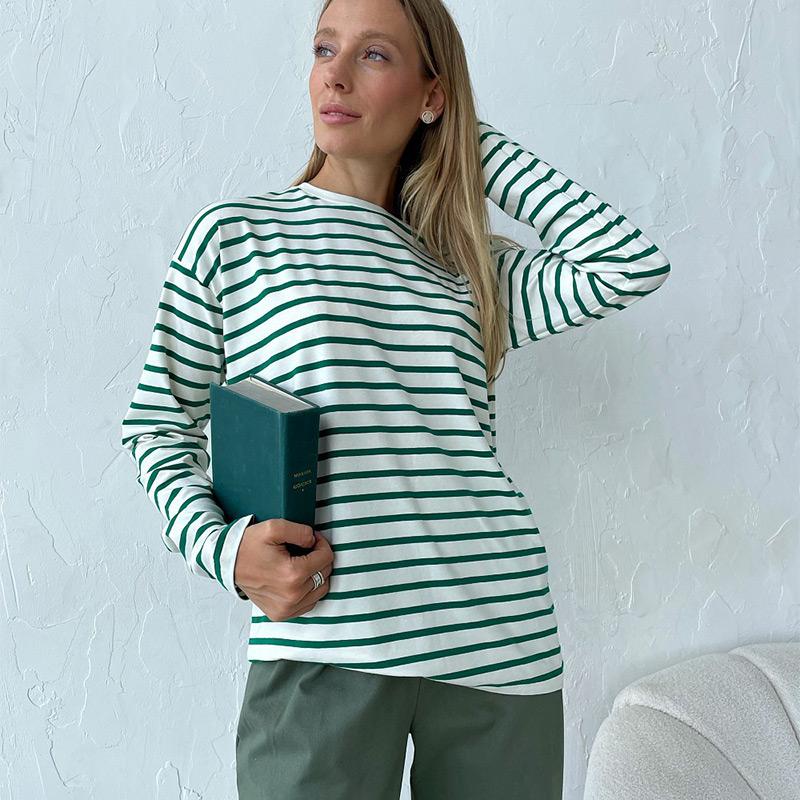 Cozy Loose Long Sleeve Striped T-Shirts Women Autumn Basic Casual Cotton Tops Round Neck Street Style Blouse