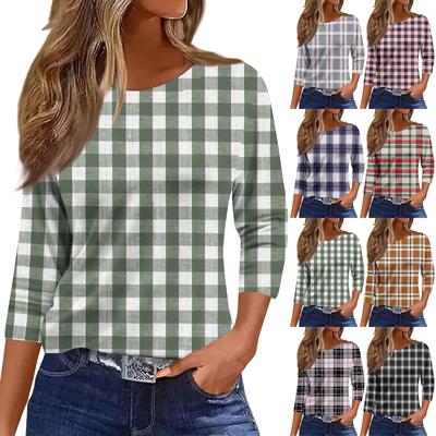 Women's Fashionable Casual Round Neck T-Shirt With Striped Print And Three-Quarter Sleeves