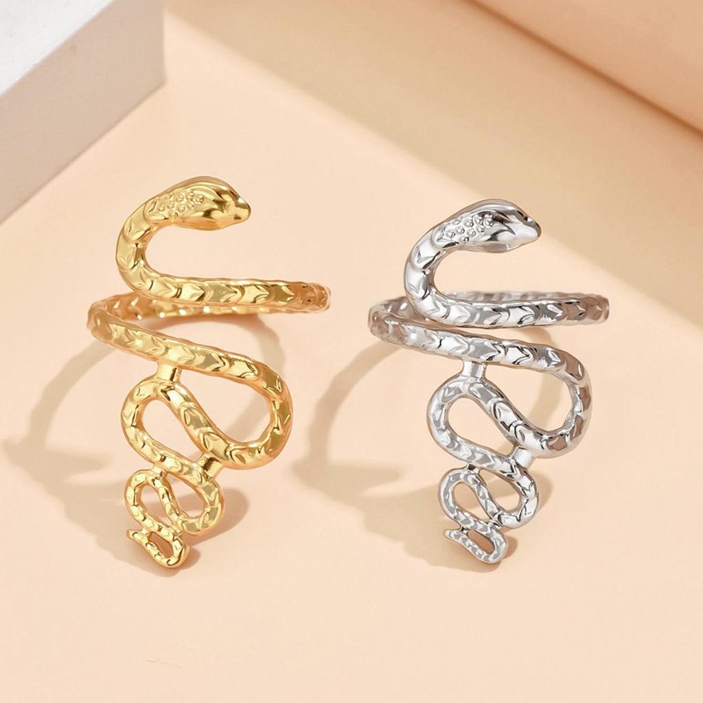 Gold Plated Stainless Steel Snake Shape Open Ring - European & American Punk Style Hip Hop Jewelry