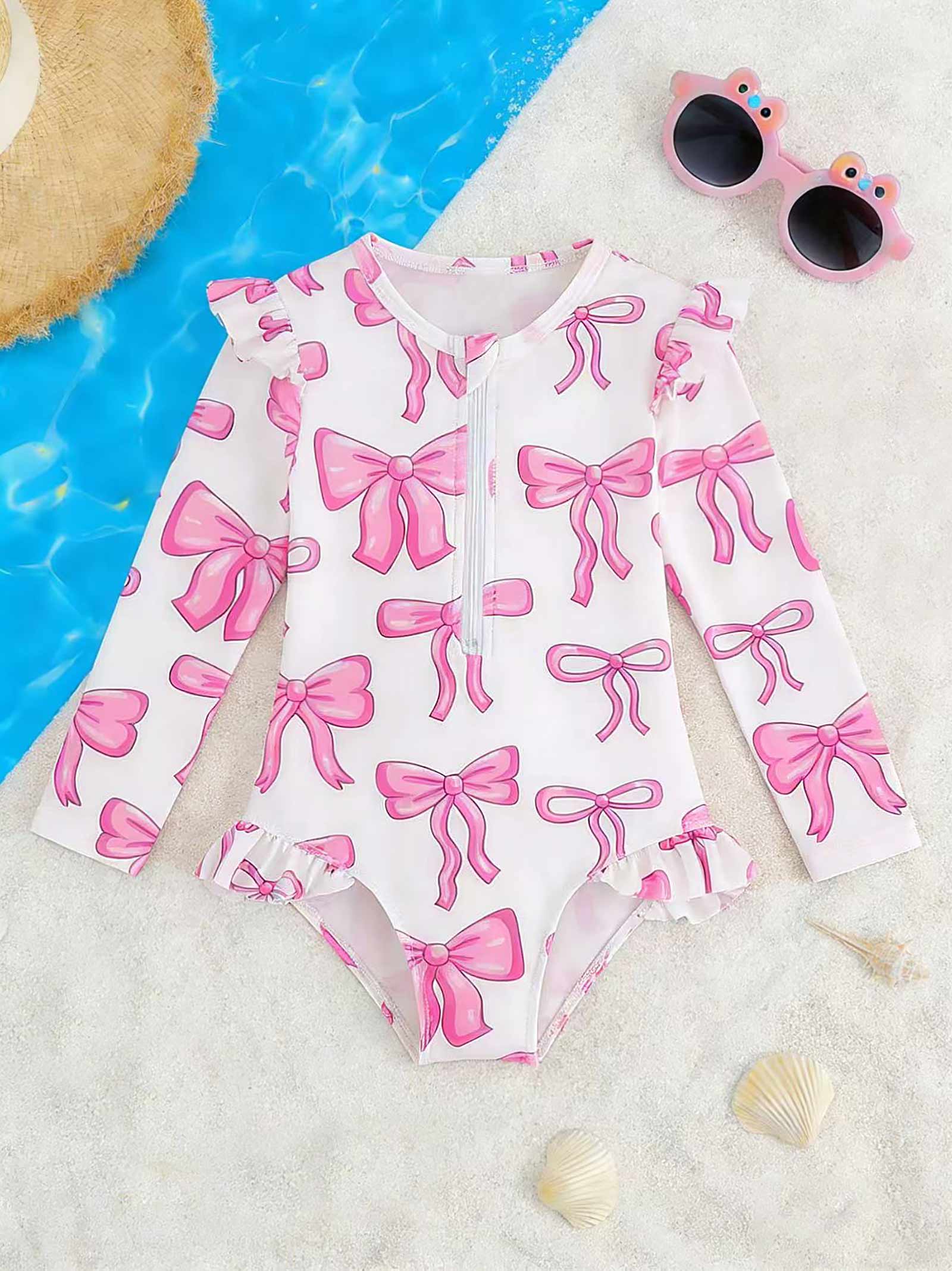 Long Sleeve 1 Pcs Rash Guard Swimsuit for Little Girls, Pink Bow Kids Bathing Suit 4-7 Years 4Y разноцветный