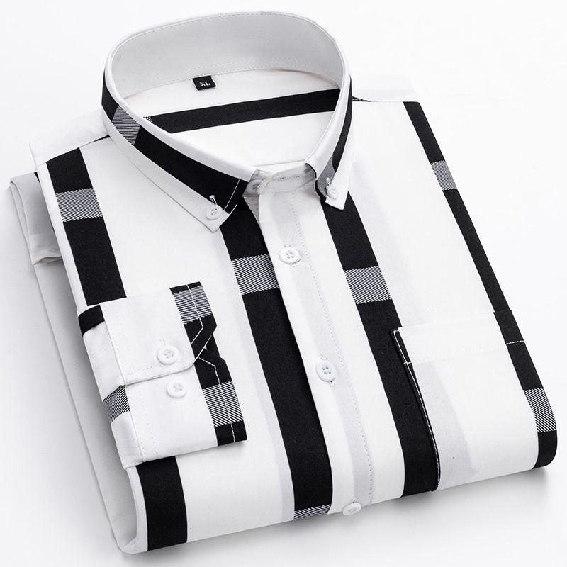 Y2k Spring and Autumn Men's Striped Shirt Long Sleeve Business Casual Square Collar Regular Fit Anti-wrinkle Pocket Male Shirt