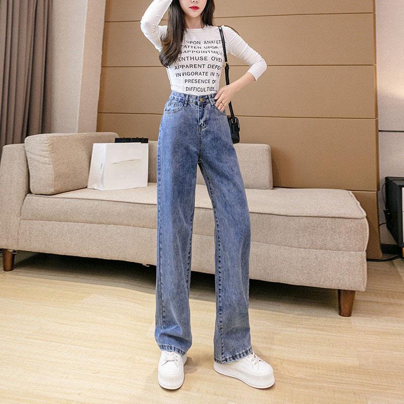 Pantaloni in denim a gamba larga a vita alta da donna alla moda primaverili e autunnali