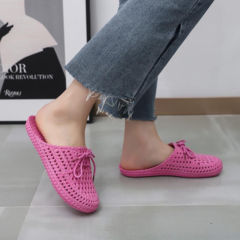 

Женские вязаные крючком домашние тапочки-мюли, дышащие, с открытой пяткой и бантом, повседневные, на плоской подошве. 41