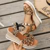 Fashion 2025 Leopard Print Wedge Heel Sandals Women Fashion Crystal Flowers Thick Bottom Sandalias Mujer High Heeled Platform Sandals 43