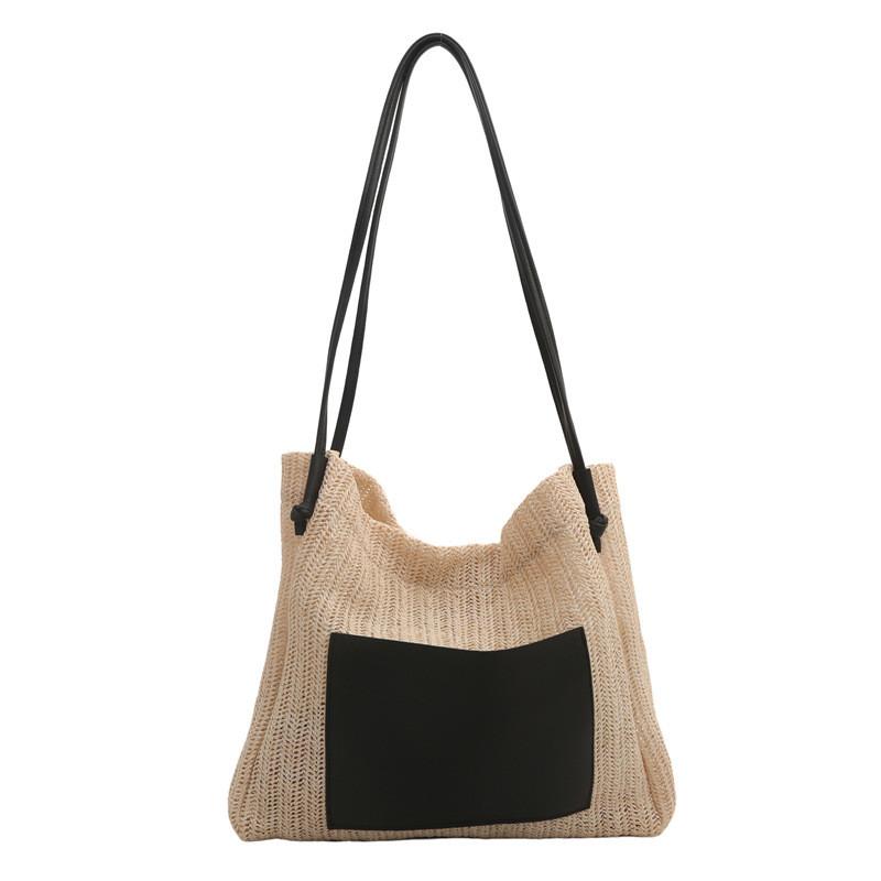 Vintage Woven Tote Bag With Pu Material And Large Capacity For Beach And Casual Outings