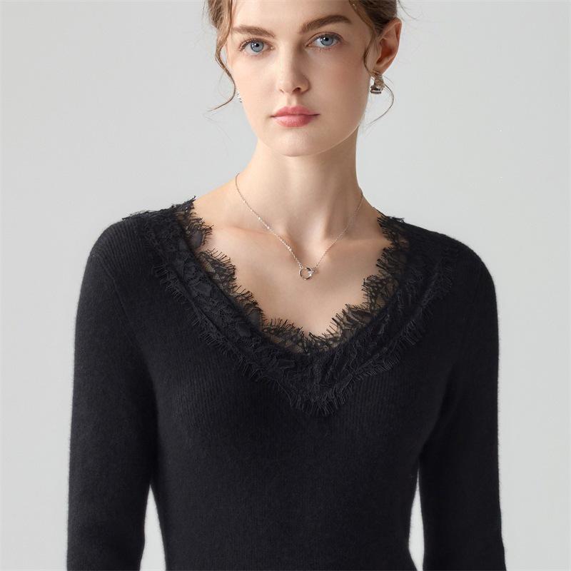 Suéter Feminino 100% Caxemira Pura com Gola V e Acabamento em Renda, Manga Longa, Malha de Corte Justo para Outono e Inverno