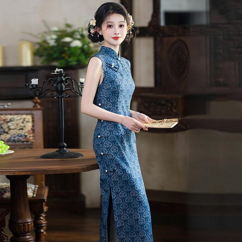 Blau ärmellos nationaler Stil neu Chinesisch Suzhou langer Cheongsam verbessert jung 1011 neu Damen High Sense Sommer