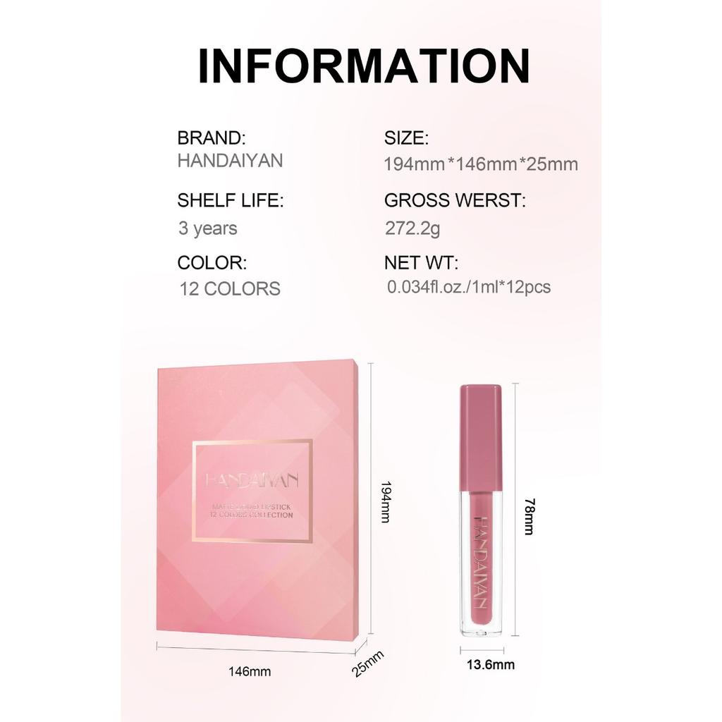 HANDAIYAN 12-color Matte Waterproof Non-stick Cup Lip Glaze Small Square Tube Gold Sparkling Pearlescent Lip Glaze