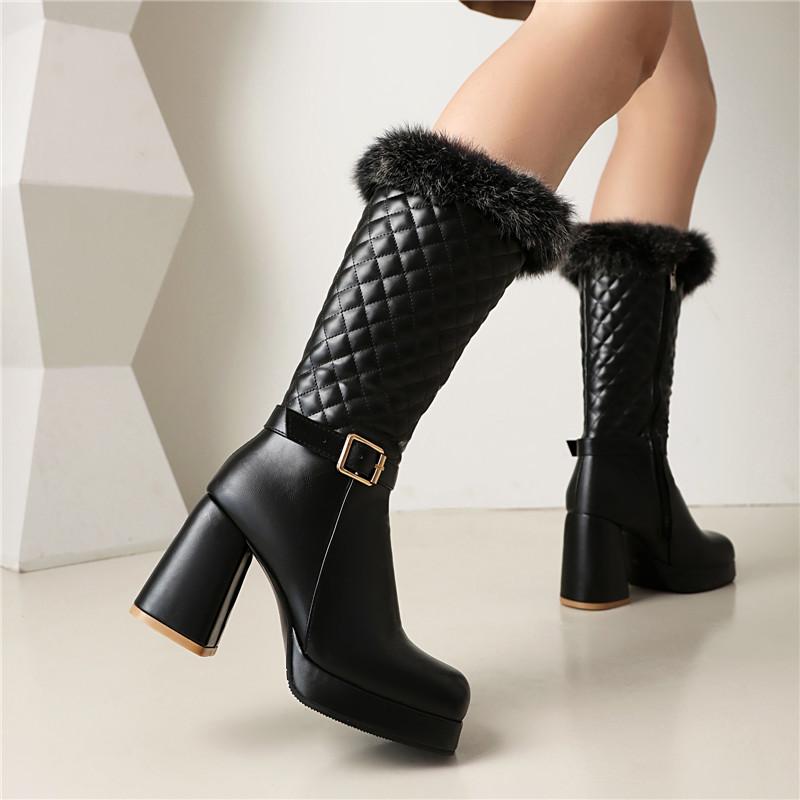 Women's High Heel Boots Autumn and Winter New Waterproof Platform Thick Heel Large Size Plush Mid-calf Boots