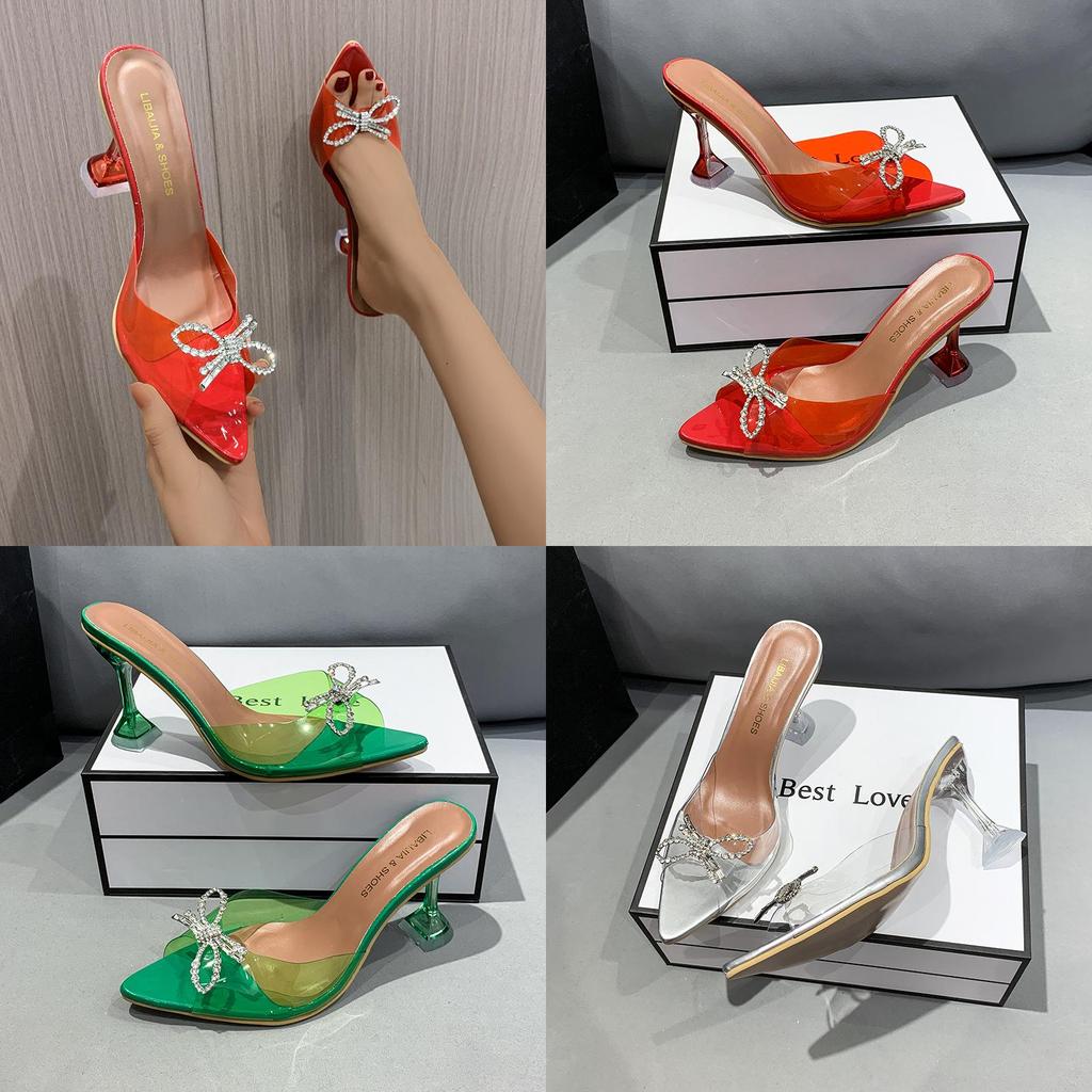 European Style Crystal Bow Tie Strap High Heels For Women With Pvc Upper And Rubber Sole