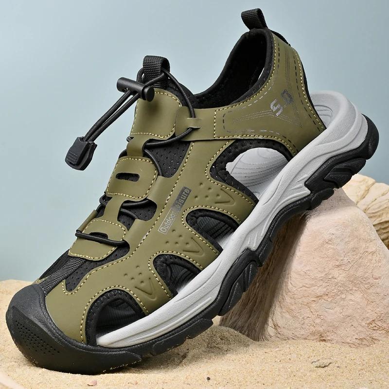 Fashion Leather Men's Summer Shoes Comfy Breathable Mens Sandals Non-Slip Male Anti-collision Toe Beach Flats Outdoor Shoes Hollow Out