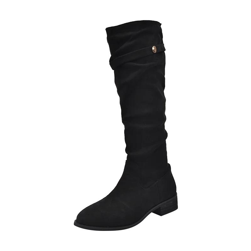

Pleated Boots Women Faux Suede Flock Knee High Boots 2024 Winter Women Fashion Slip On Square Low Heel Knight Booties Mujer 35 чёрный