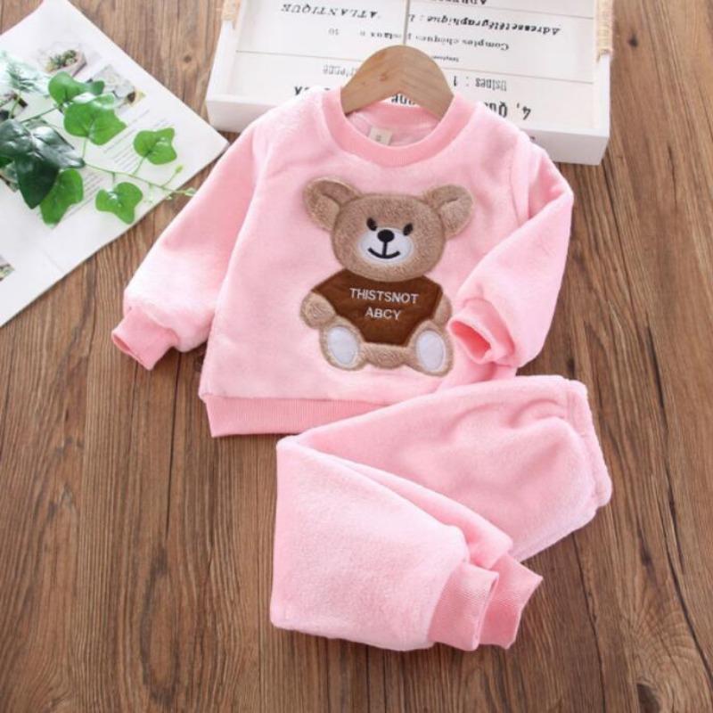 Småbarn Baby Gutter Klær Høst Vinter Barn Flanell Pyjamassett Tykk Varm Genser Tegneserie Søt bjørn Todelt Jentedress Joggedress