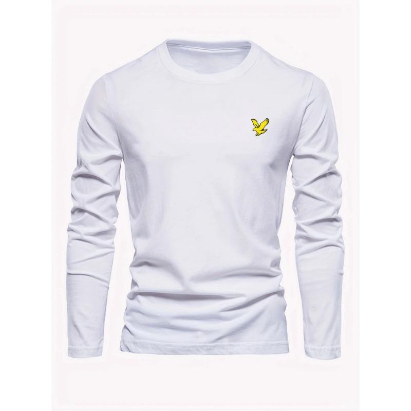 Men's 100% Pure Cotton Loose Fit Comfortable Casual Sports Eagle Pattern Printed Round Neck Long Sleeved T-shirt Top