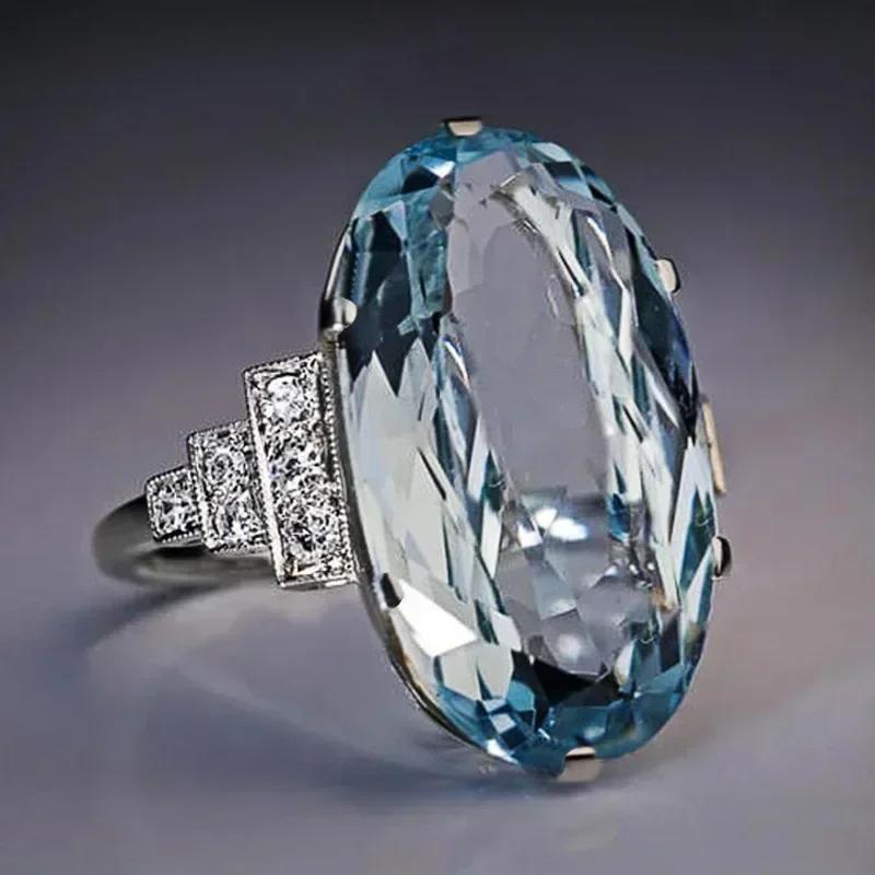 Bridal Wedding Love Water Drop Shining Design French Romantic Horse Eye Blue Zircon Ring Trendy Elegant Jewelry