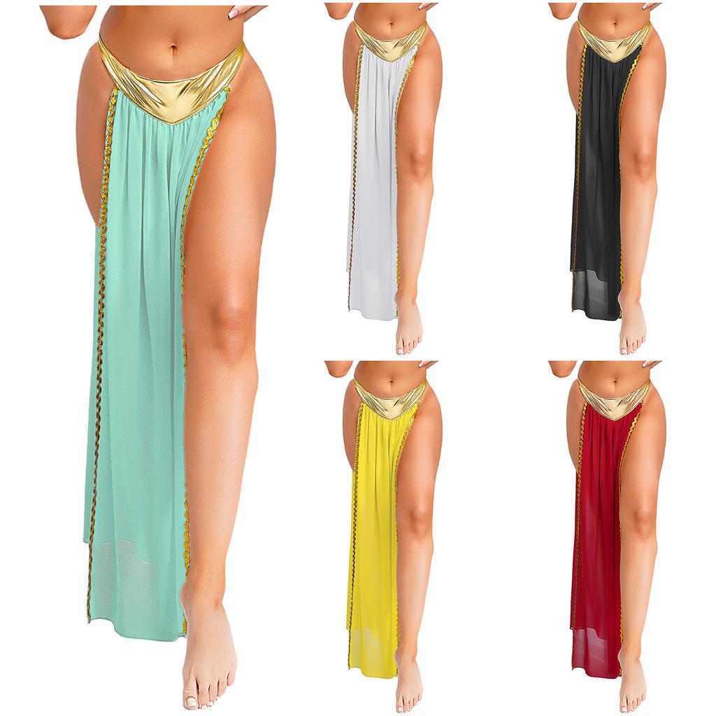 Costume da Regina Antica da Donna Slip Gonna in Chiffon Spacco Laterale Metallizzato Riflettente Rifiniture Dorate Outfit di Halloween