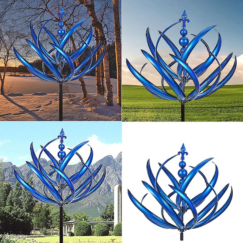 Girasole Cinetico a Forma di Fiore di Loto in Metallo Blu, Mulino a Vento Impermeabile Rotante a 360° per Decorazione di Giardino, Cortile, Prato, Ornamento Scultura Artistica da Esterno Resistente alla Ruggine