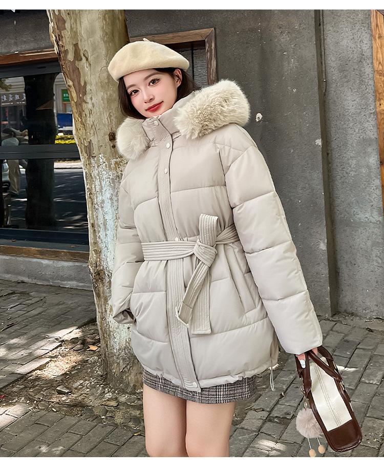 Women’s Short Big Fur Collar Hooded Windproof Thicken Warm Winter Jacket With Belt