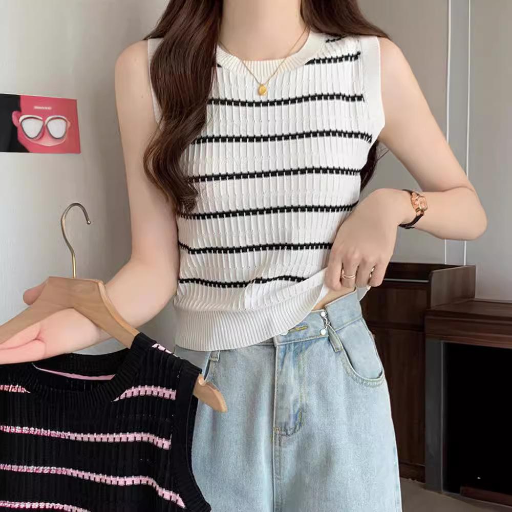 French Striped Knitted Vest for Women's Summer Wear, New Spice Girl Slim Fit Inside, Short Sleeveless Bottoming Top