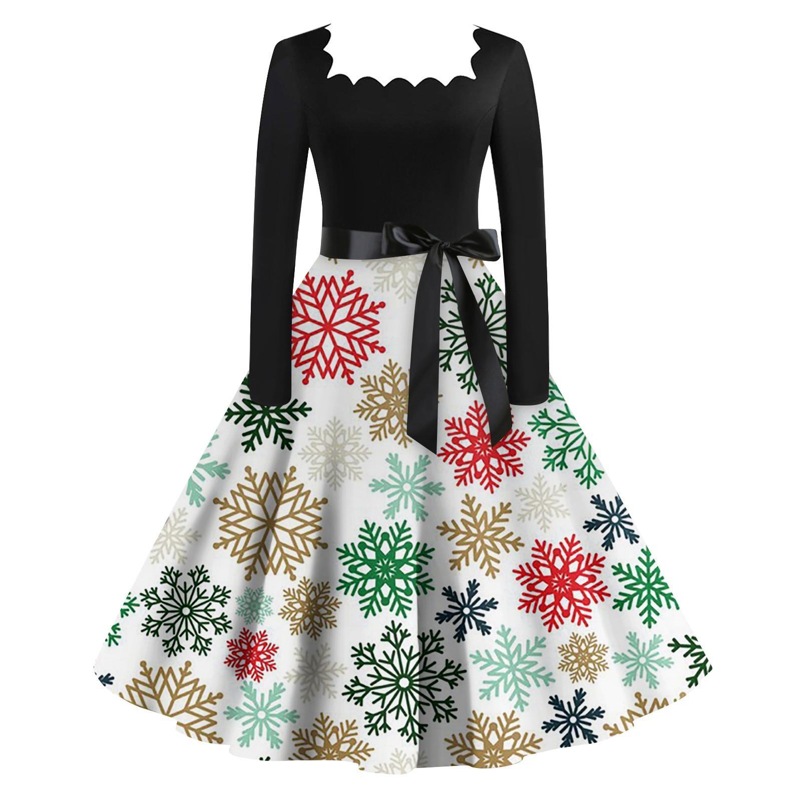 Женская мода винтаж с длинным рукавом квадратный вырез рождественский принт вечерние — фото 10