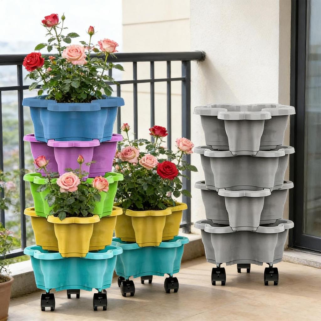 Plastic Stackable Vertical Flower Pot Multi-layer Garden Planter Tower with Movable Casters for Strawberry vegetable Growing
