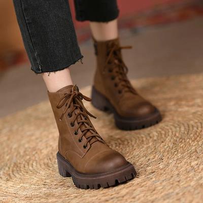 Fashion HOT Fall Shoes Round Toe Thick Heel Women Shoes Winter Women Boots Split Leather Boots Casual Platform Boots Motorcycle Boots