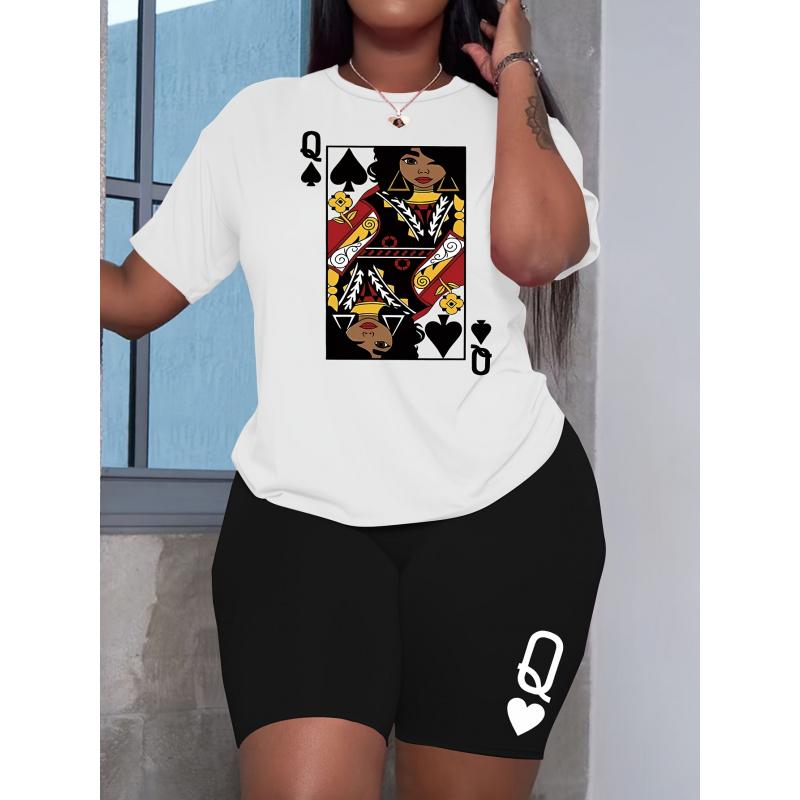 Large-size Casual Fashionable Printed Black Short-sleeved Shirt + Shorts. Letter Design. Sportswear. Queen. Poker Print