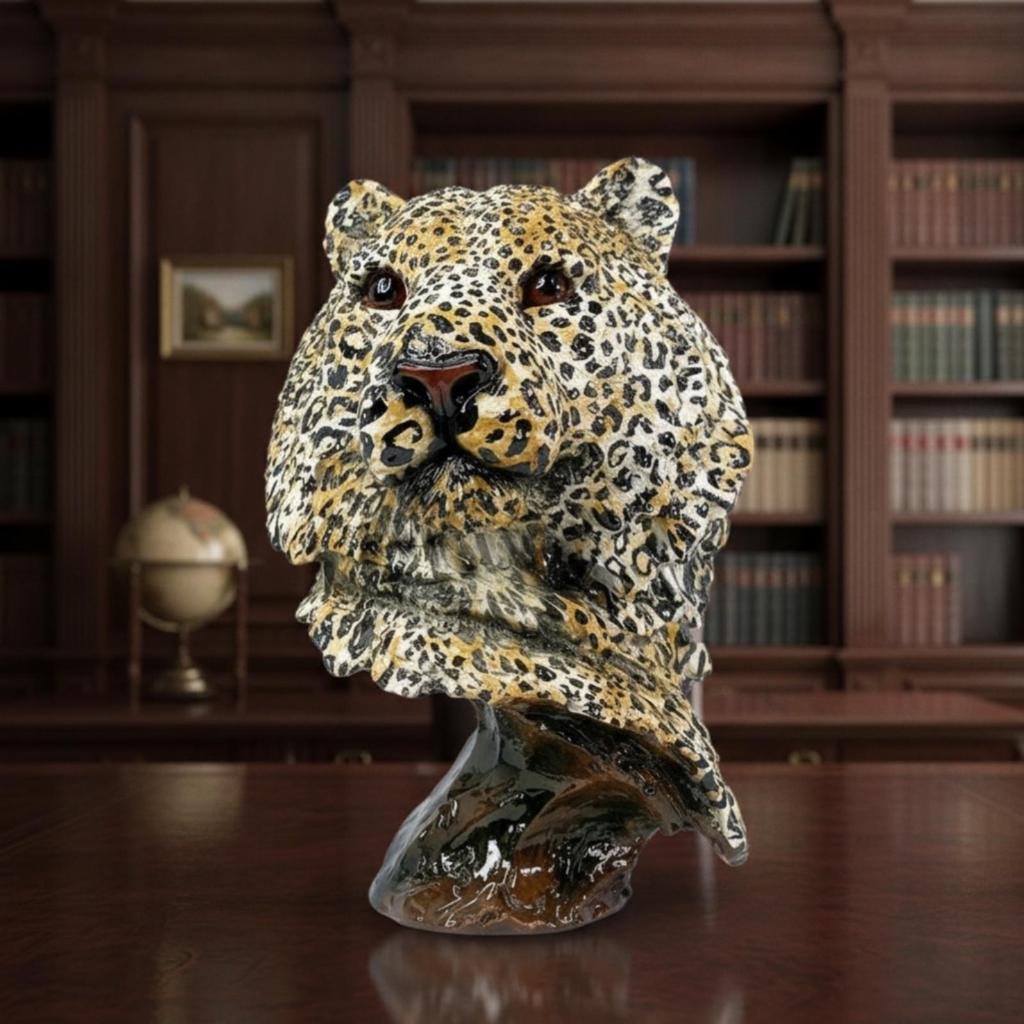 Leopard Head Bust HandhandPainted Big Cat Sculpture with Base Textured Cheetah Statue for Art